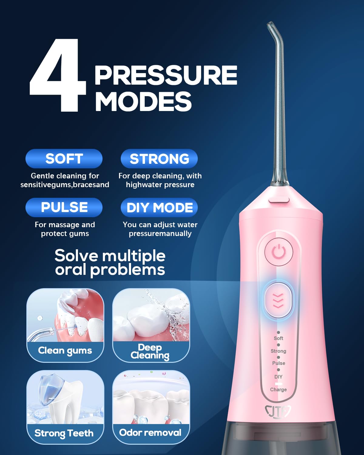 JTF Cordless Water Flosser for Teeth Cleaning - 300ML Portable Oral Irrigator with 4 Modes & 9 Jet Tips, Rechargeable IPX7 Waterproof Dental Water Flosser for Home & Travel (Pink) | Perfect for Braces, Implants, and Gum Care