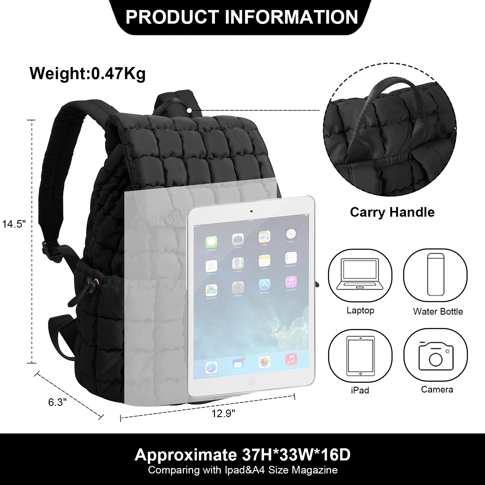 Quilted Backpack Purse for Women - Lightweight Puffer Laptop Bag for College, Travel & Gym (Black)