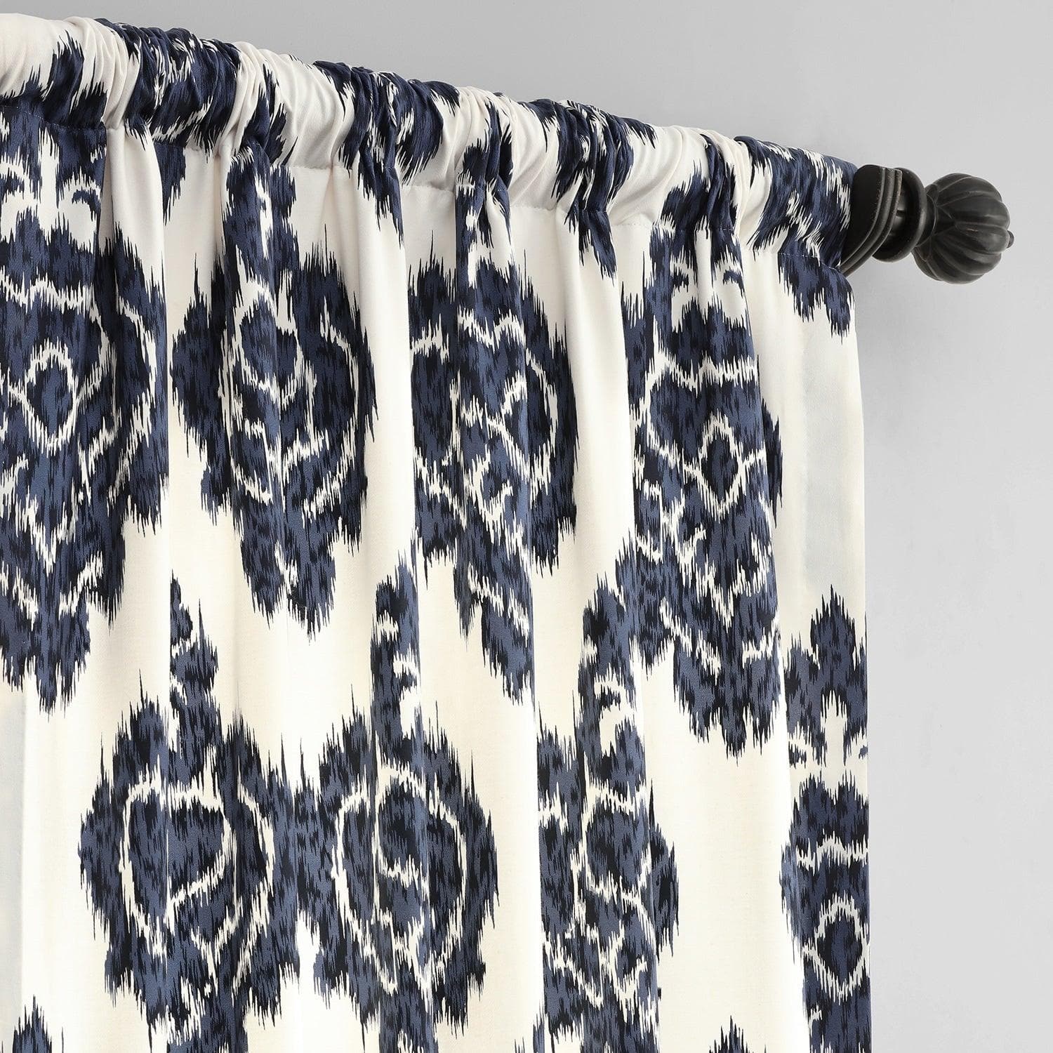 Blue Ikat Damask Printed Cotton Blackout Curtains for Bedroom & Living Room - Light Blocking Window Drapes for Home Decor
