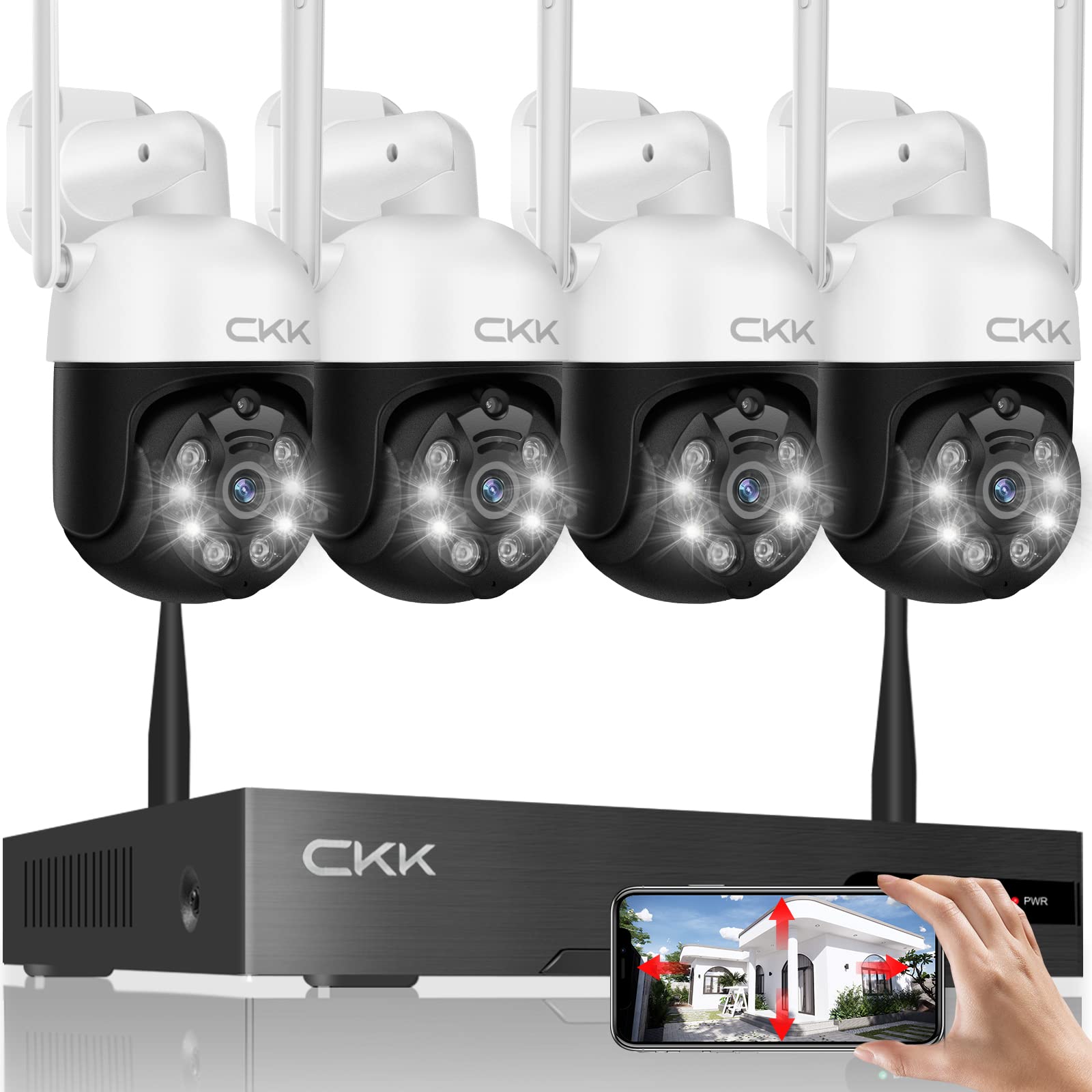 4K Wireless PTZ Security Camera System with 8CH NVR - 4 Pack 3MP Outdoor/Indoor WiFi Surveillance Cameras, AI Human Detection, Floodlights & Siren Alarm for Home & Business Security