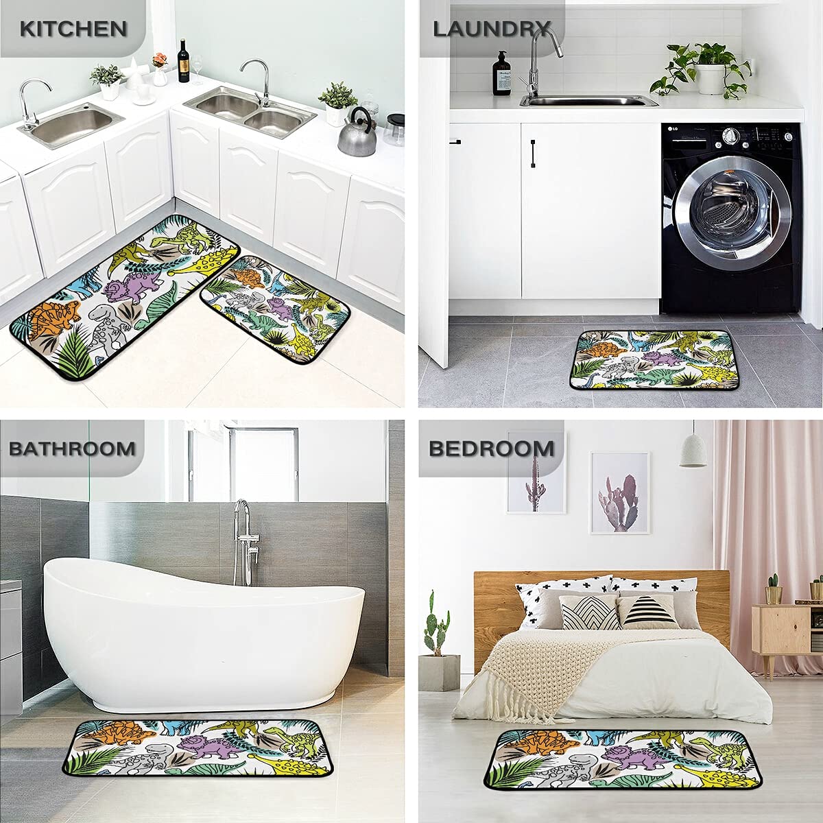 Dinosaur & Tropical Plant Non-Slip Kitchen Rug Set of 2 - Washable Floor Mats for Kitchen, Laundry Room - Cute Home Decor with Anti-Skid Backing (Perfect for Kids' Playroom & Dinosaur-Themed Bedrooms)