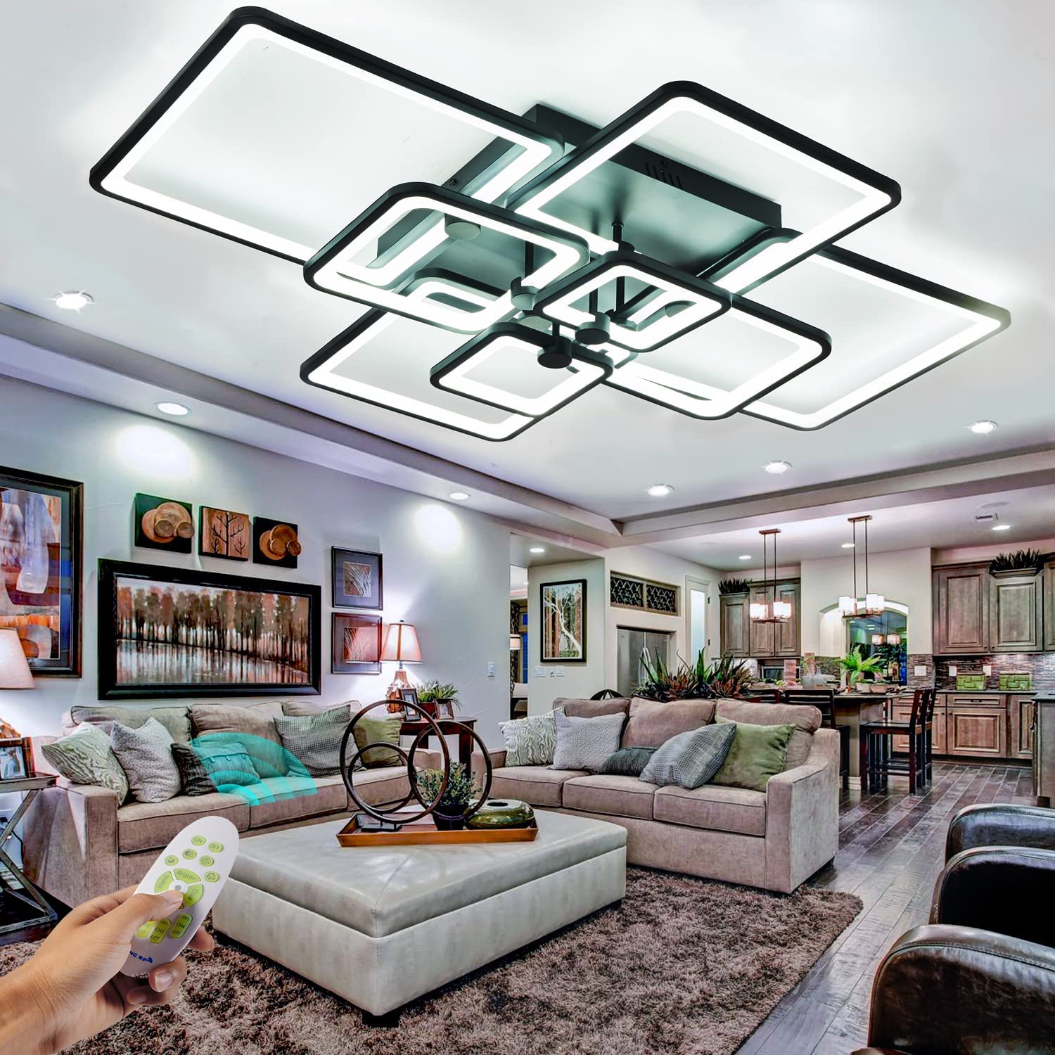 Modern 41.7in Dimmable LED Ceiling Light Fixture - 8 Square Black Flush Mount Light with Remote Control, 120W for Living Room, Bedroom & Dining Room | Energy-Efficient Home Lighting Solution