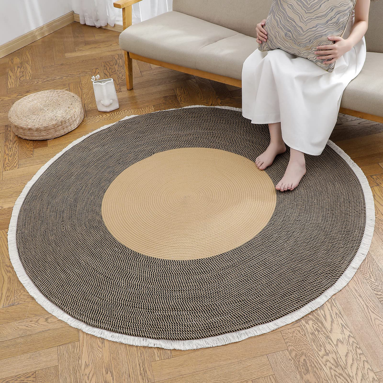 Handwoven 5ft Round Cotton Rope Rug with Tassel Trim – Washable Boho Braided Circle Rug for Living Room, Bedroom, Nursery – Beige & Black, Soft & Durable – Perfect for Bohemian Home Decor, Cozy Floor Mat for Yoga & Meditation Spaces