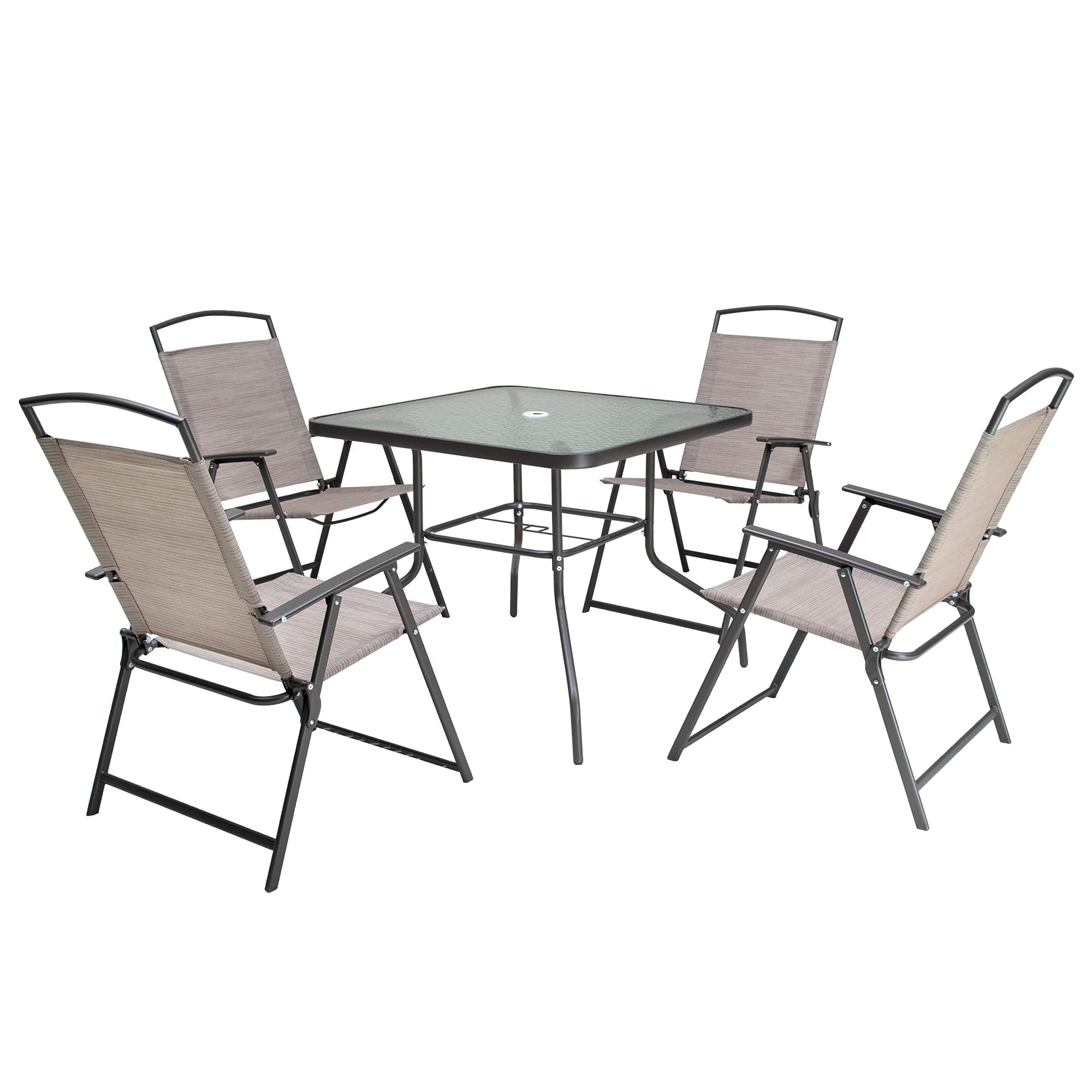 5-Piece Outdoor Dining Set - Patio Table & 4 Folding Chairs with Square Glass Top & Umbrella Hole | Durable Metal Furniture for Balcony, Porch, Deck, Lawn & Backyard | Beige Weather-Resistant Set for Garden Parties & Outdoor Entertaining