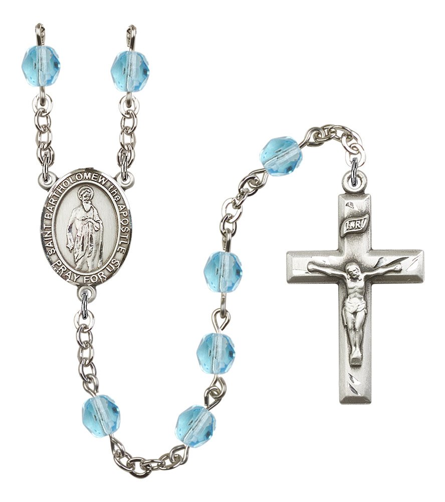 Silver Plated Rosary with 6mm Aqua Fire Polished Beads - 1 3/8 x 3/4 Inch Crucifix & St. Bartholomew Apostle Medal Centerpiece | Catholic Prayer Beads for Worship, Meditation & Spiritual Gifts