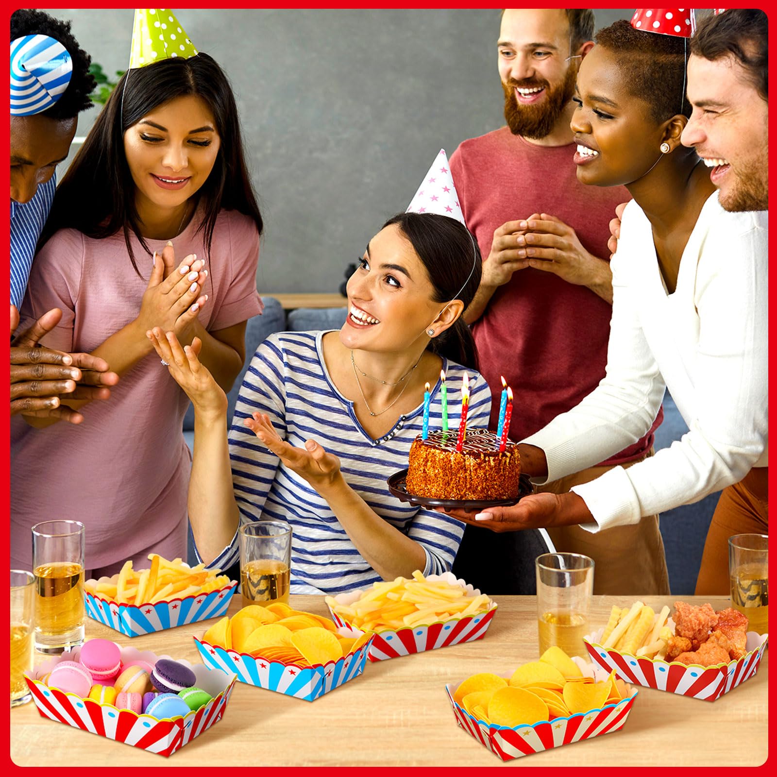 Honeydak 60 Pcs Disposable Carnival Food Trays - Eco-Friendly Paper Boats & Hot Dog Boxes for Circus, Birthday Party, BBQ, Picnic, and Outdoor Events - Bulk Party Supplies & Decorations