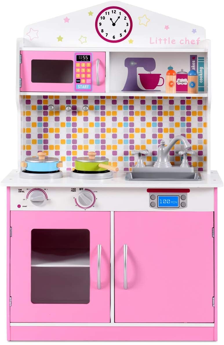 OLAKIDS Wooden Play Kitchen Set for Toddlers - Real Sound Effects, Stove, Microwave, Sink & Storage Cabinet - Pretend Cooking Toys Gift for Boys & Girls (Pink) | Perfect for Imaginative Play, Birthday Gifts & Preschool Learning