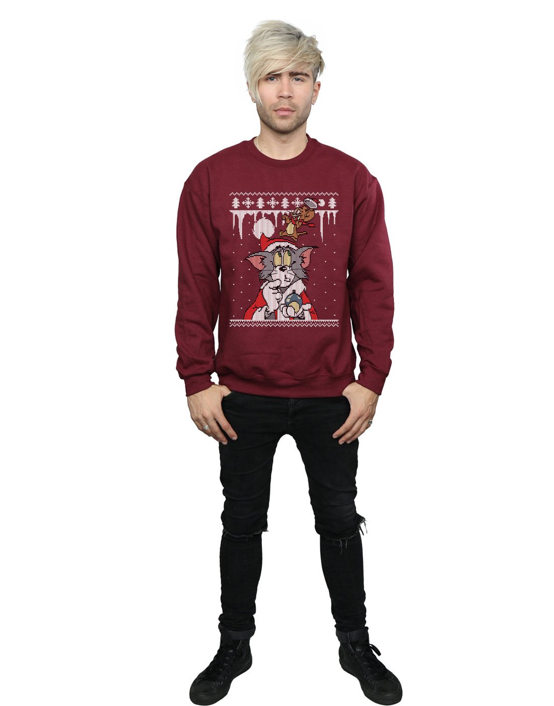 Tom and Jerry Christmas Fair Isle Sweatshirt for Men - XX-Large Burgundy Red - Cozy Holiday Pullover for Christmas Parties, Family Gatherings & Winter Outfits