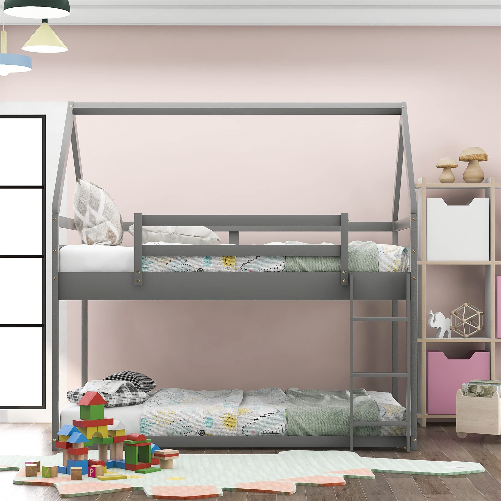 Low Bunk Bed Twin Over Twin - Sturdy Wooden House Bunk Bed Frame with Ladder for Kids & Teens - Space-Saving Gray Bedroom Furniture for Small Rooms, Dorms, or Shared Kids' Rooms
