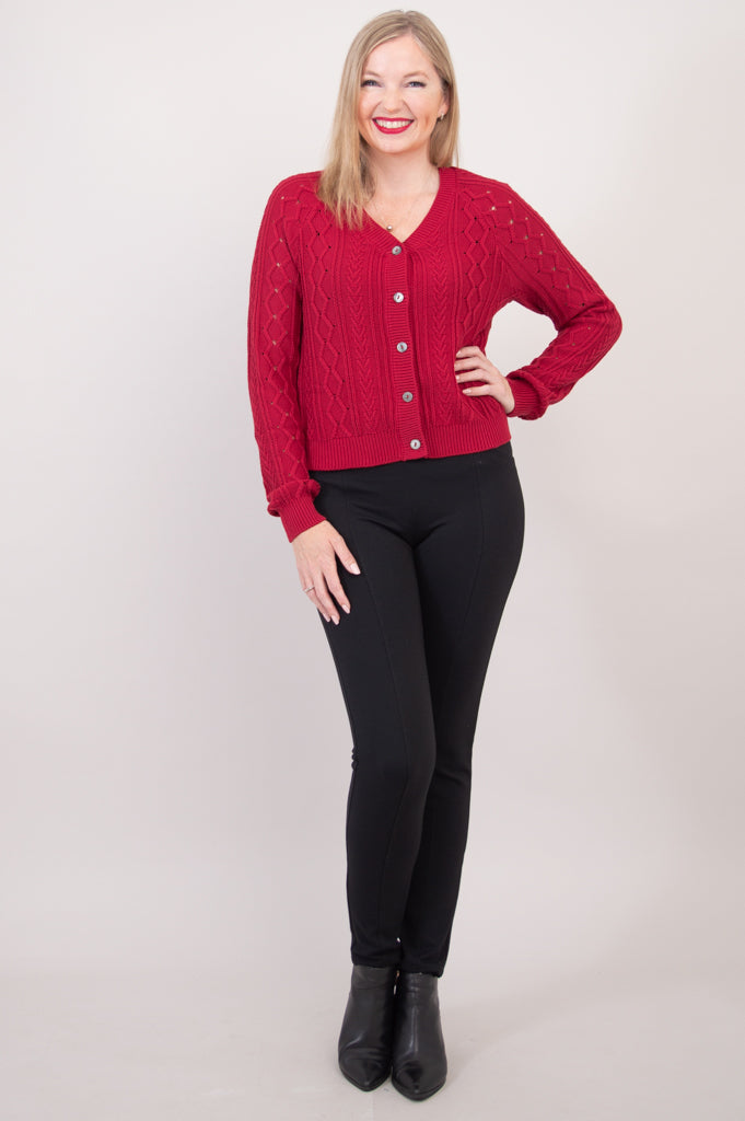 Bena Women's Red Cotton Cardigan Sweater - Soft & Comfortable Open Front Knit Wrap for Casual Outfits & Layering in Fall & Winter