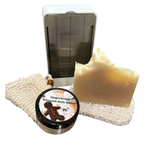 Newbie Soap Set - Toasted Almond & Vanilla Chai Cold Process Soap Bars with Body Butter, Soap Drying Dish & Recycled Soap Saver Pads - Perfect for Spa Day, Self Care Gifts & Eco-Friendly Bathroom Essentials