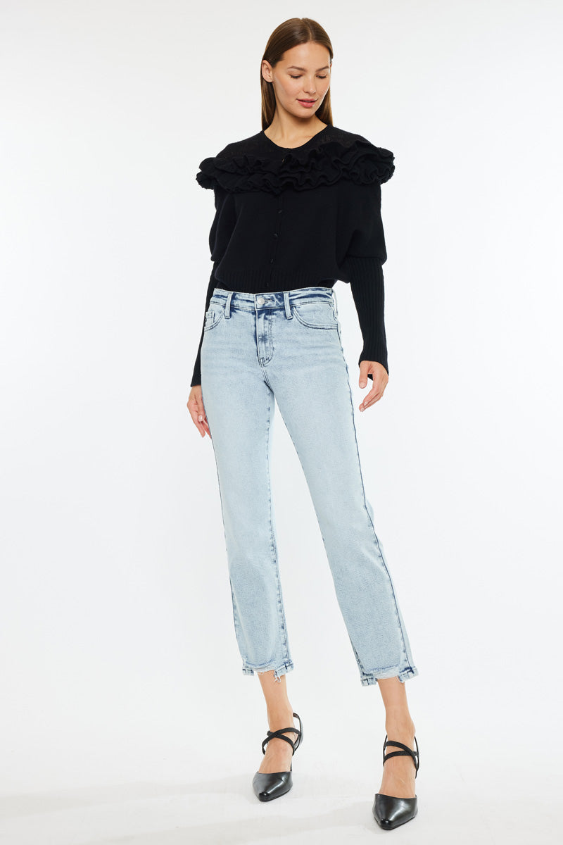 Pam Essentials Mid Rise Crop Straight Jeans - Women's High Waisted Stretch Denim Pants for Casual Wear & Everyday Outfits
