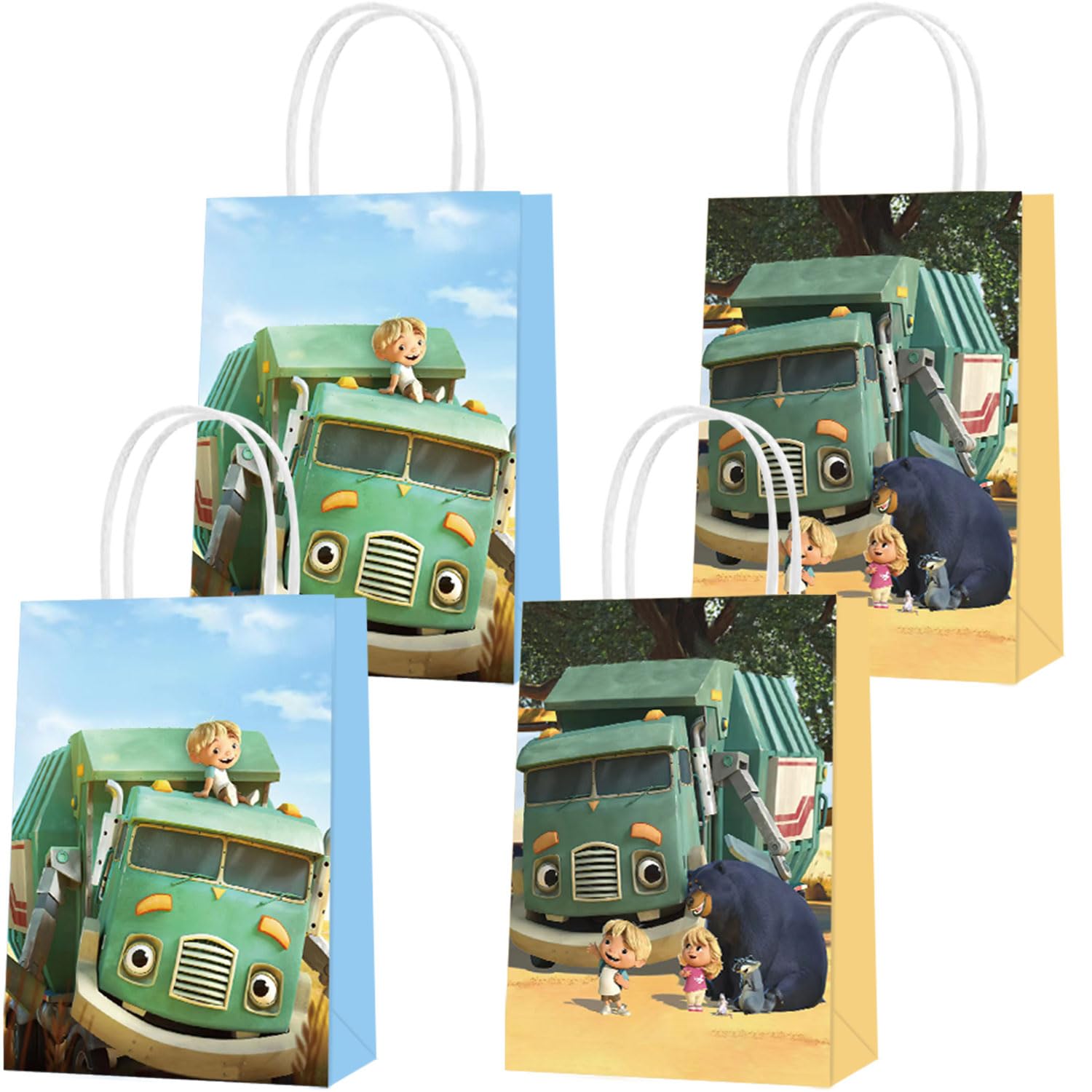 16 Pcs Trash Truck Themed Party Favor Bags with Handles - 2 Styles for Kids Birthday Party Supplies, Goodie Bags for Candy & Gifts - Perfect for Trash Truck Themed Decorations, Boys & Girls Birthday Parties, Baby Showers & School Events