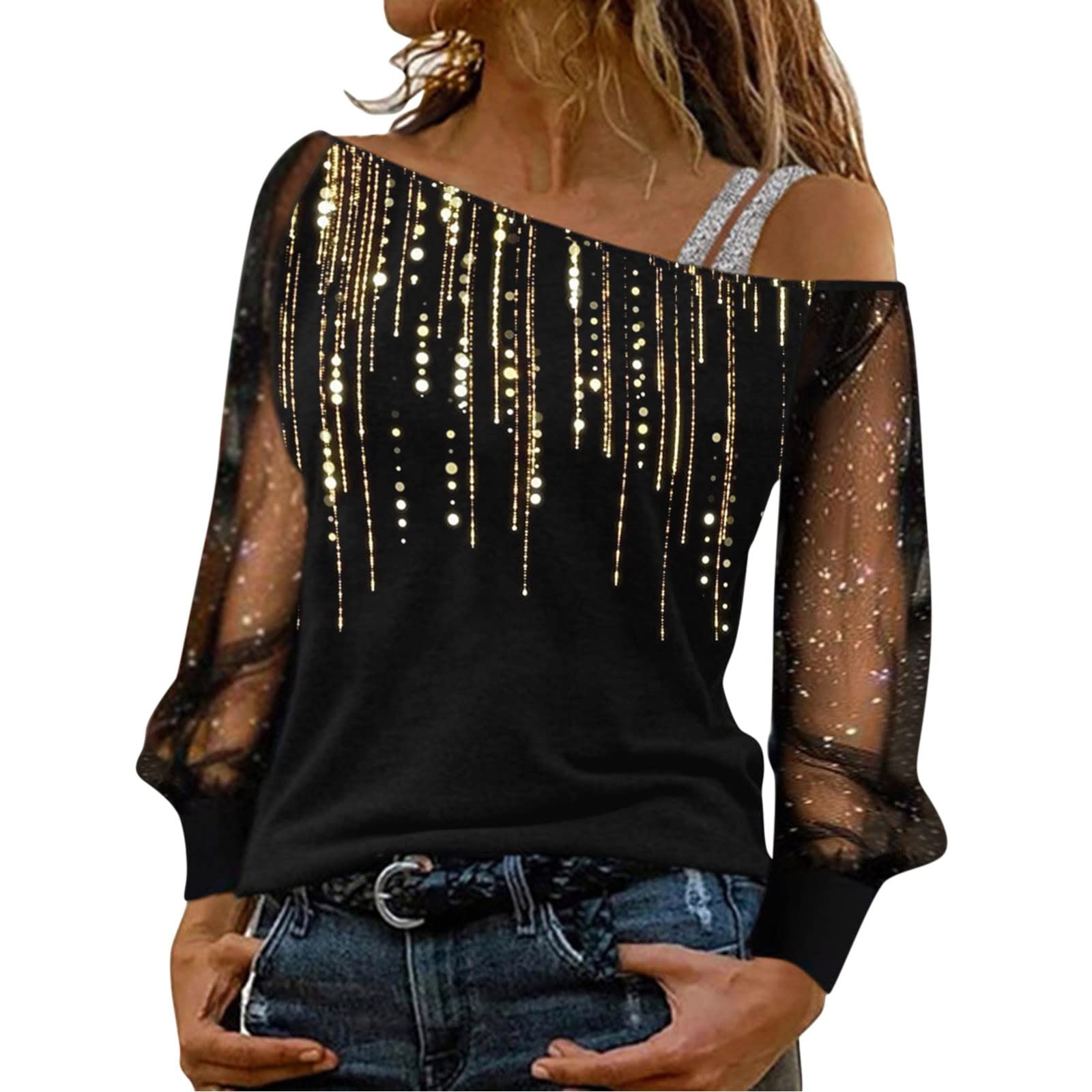 Women's Casual Sequin Print Mesh Long Sleeve Cold Shoulder Blouse - Elegant Loose T-Shirt Top for Party, Date Night & Office Wear