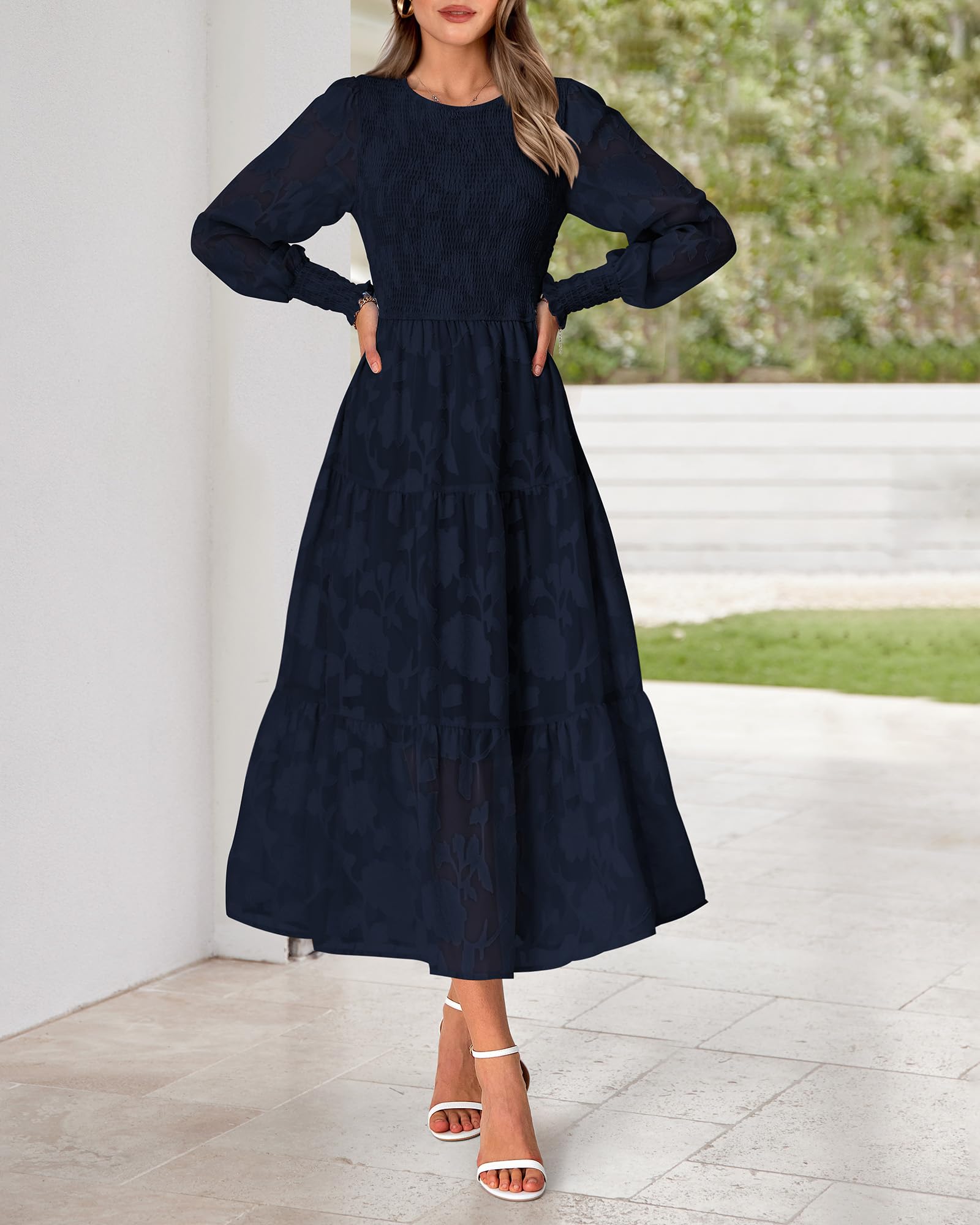 BTFBM Elegant Floral Midi Dress for Women - Long Sleeve Bohemian Wedding Guest Dress - Spring 2025 Casual Flowy Dress for Garden Parties, Bridal Showers & Special Occasions