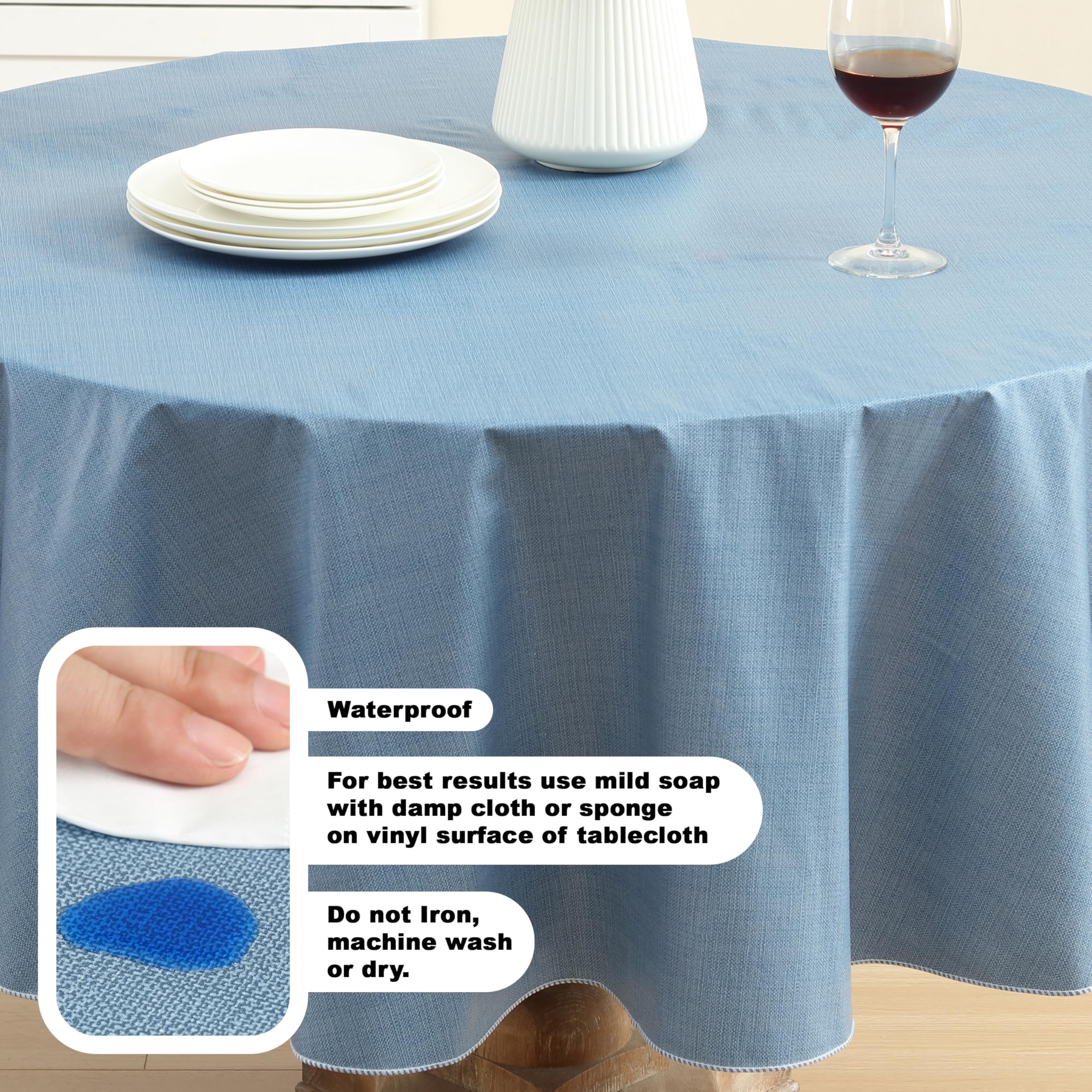 Premium Heavy 4-Gauge Vinyl Flannel Backed Tablecloth - Wipe Clean Indoor/Outdoor Use - 70 Inch Round Chambray Blue - Perfect for Cafes, Hotels, Restaurants & Home Dining
