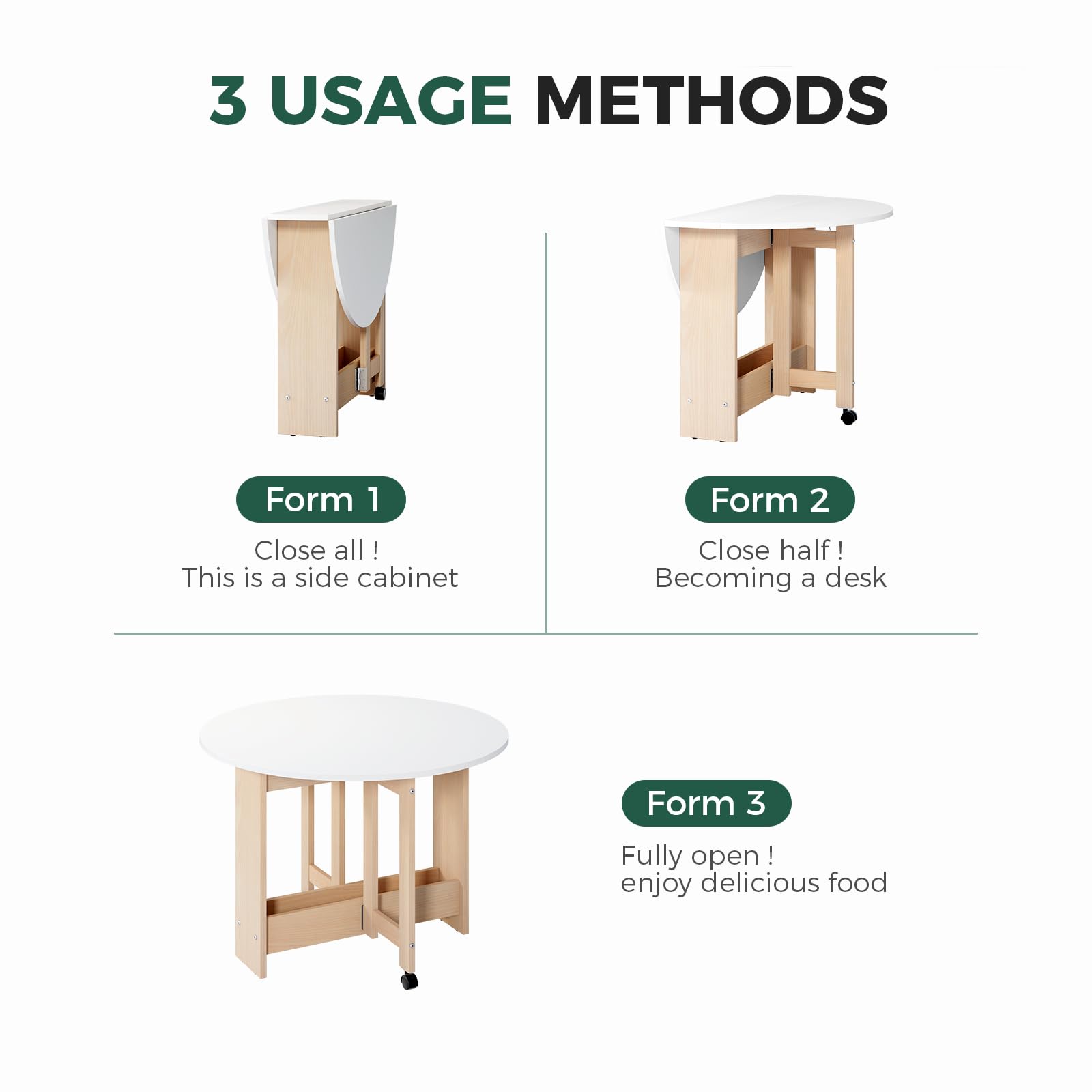 Round Drop-Leaf Folding Dining Table - Space Saving Extendable Convertible Table with Storage Box & Wheels - White Kitchen Farmhouse Living Room Furniture - Perfect for Small Spaces, Apartments & Multi-Purpose Rooms