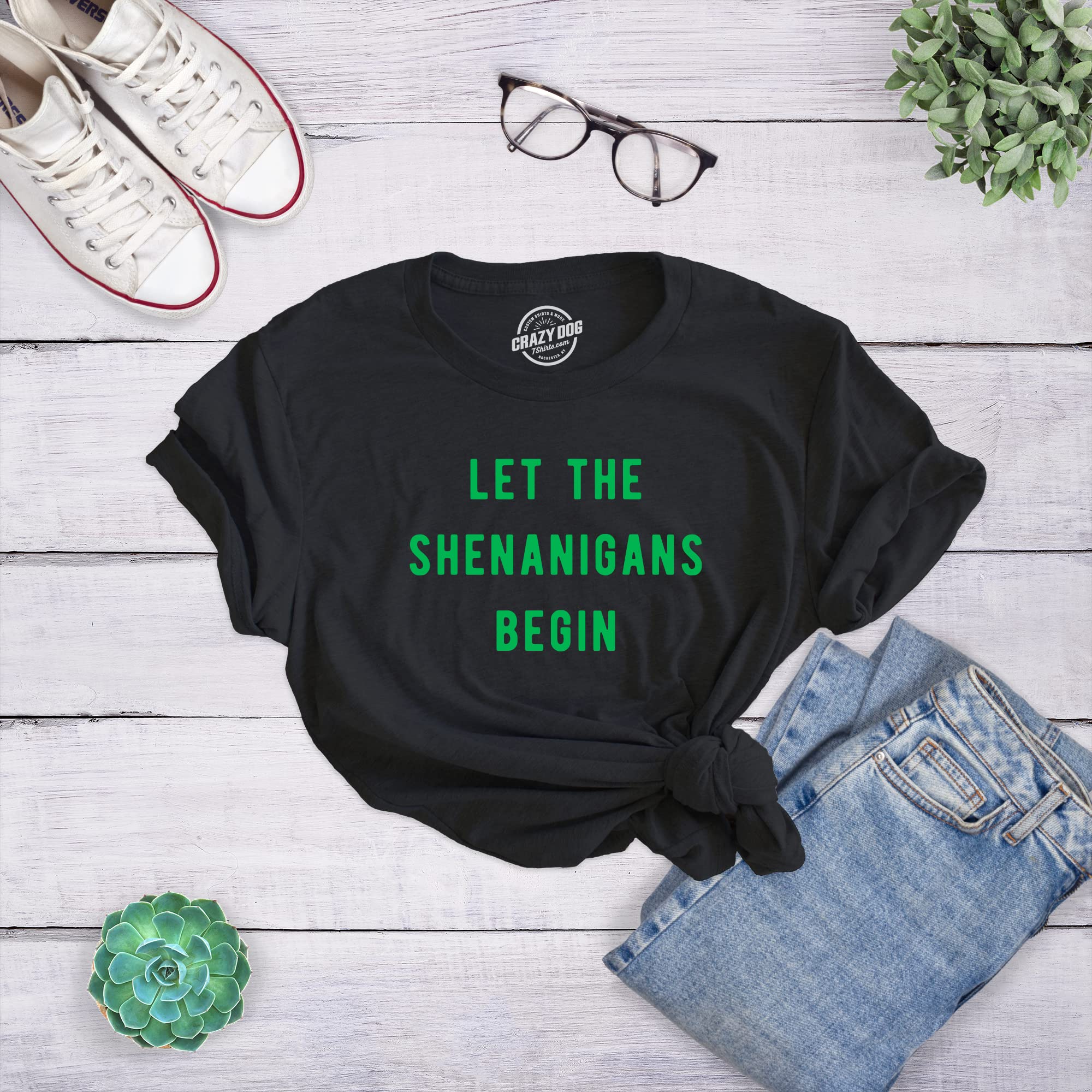 Funny Women's Let The Shenanigans Begin T-Shirt - Saint Patrick's Day St Patty Tee for Parties & Irish Celebrations