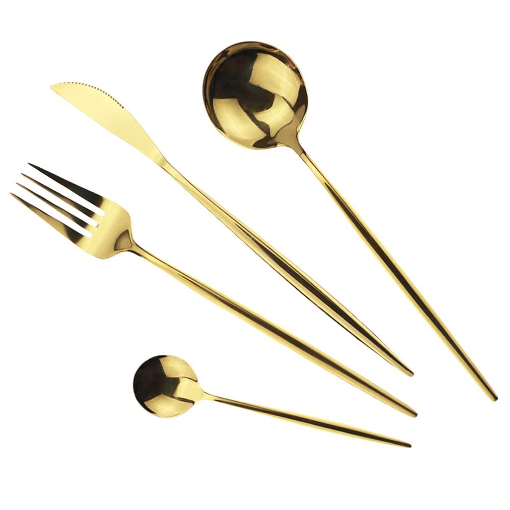 24-Piece Gold Mirror Flatware Set - 304 Stainless Steel Cutlery Set with Knives, Forks & Spoons - Elegant Dinnerware for Formal Dining, Wedding Gifts & Luxury Table Setting (Gold Finish)