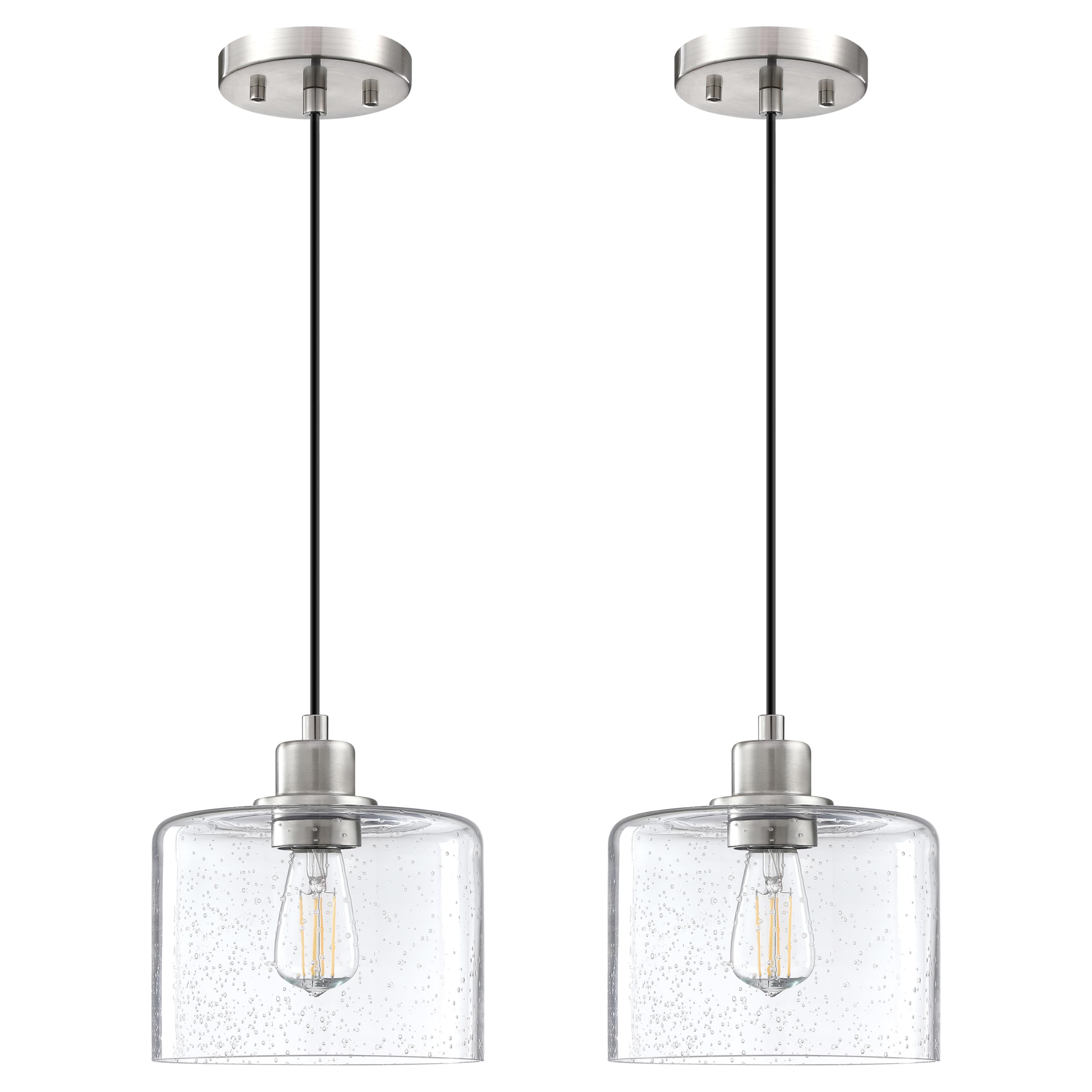 2 Pack Modern Kitchen Island Pendant Lights - 7.3 Inch Seeded Clear Glass with Brushed Nickel Finish - Farmhouse Hanging Light Fixture for Kitchen, Dining Room, Bedroom & Living Room - Perfect for Kitchen Islands, Breakfast Bars, and Home Decor Lighting