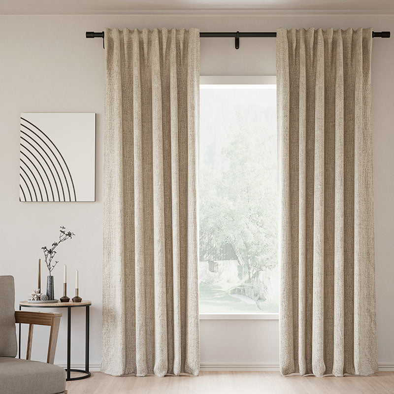 Blackout Curtains with Back Tab - 100% Linen, Memory Trained, Modern Design in Natural Tapioca Color | Perfect for Bedroom, Living Room & Home Theater Light Blocking