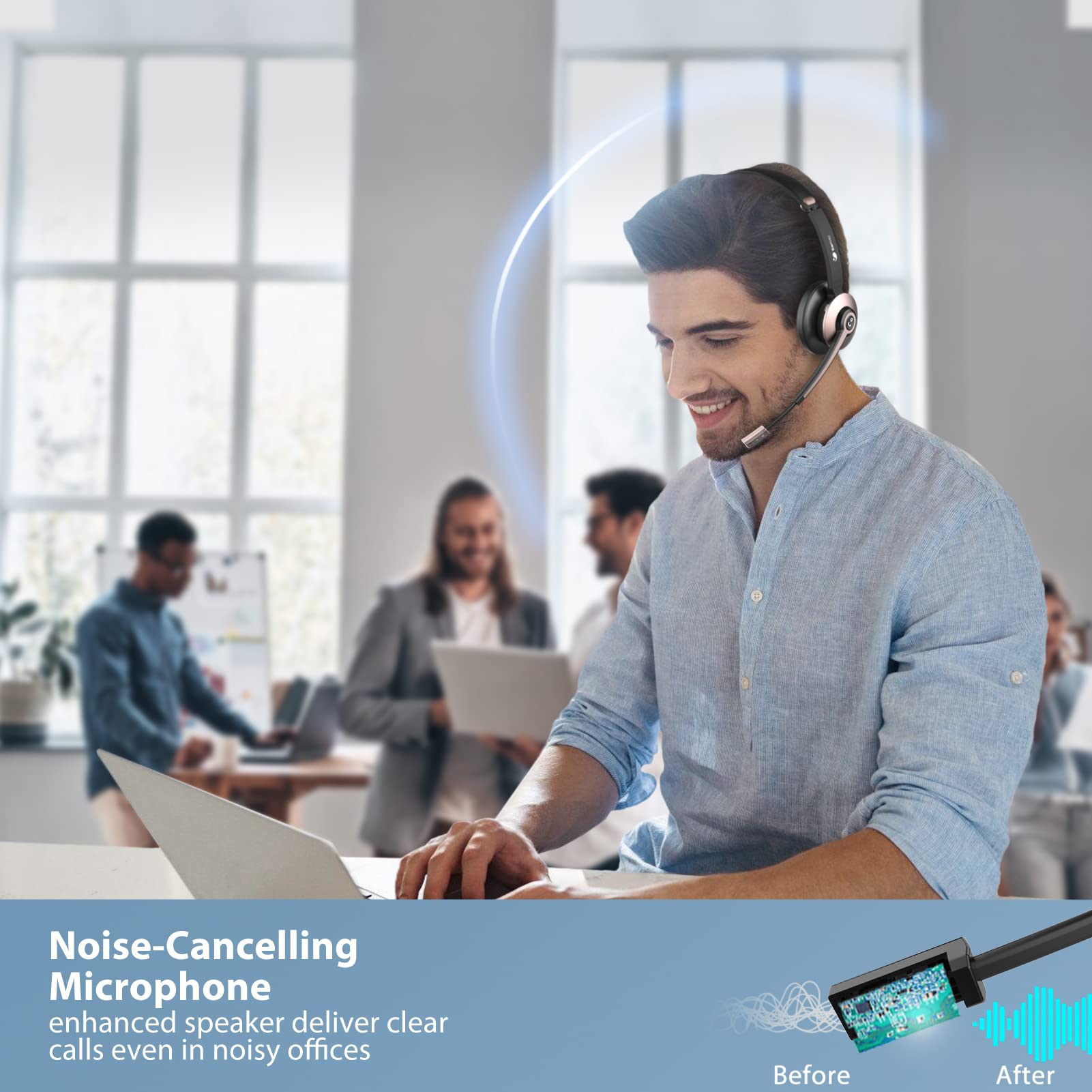 Wireless Bluetooth Headset with Microphone - Noise Cancelling On-Ear Headphones for Calls & Music, Mute Function, Dual Connectivity for PC, Laptop, iPhone, Tablet - Perfect for Zoom, Microsoft Teams, Skype Meetings & Remote Work