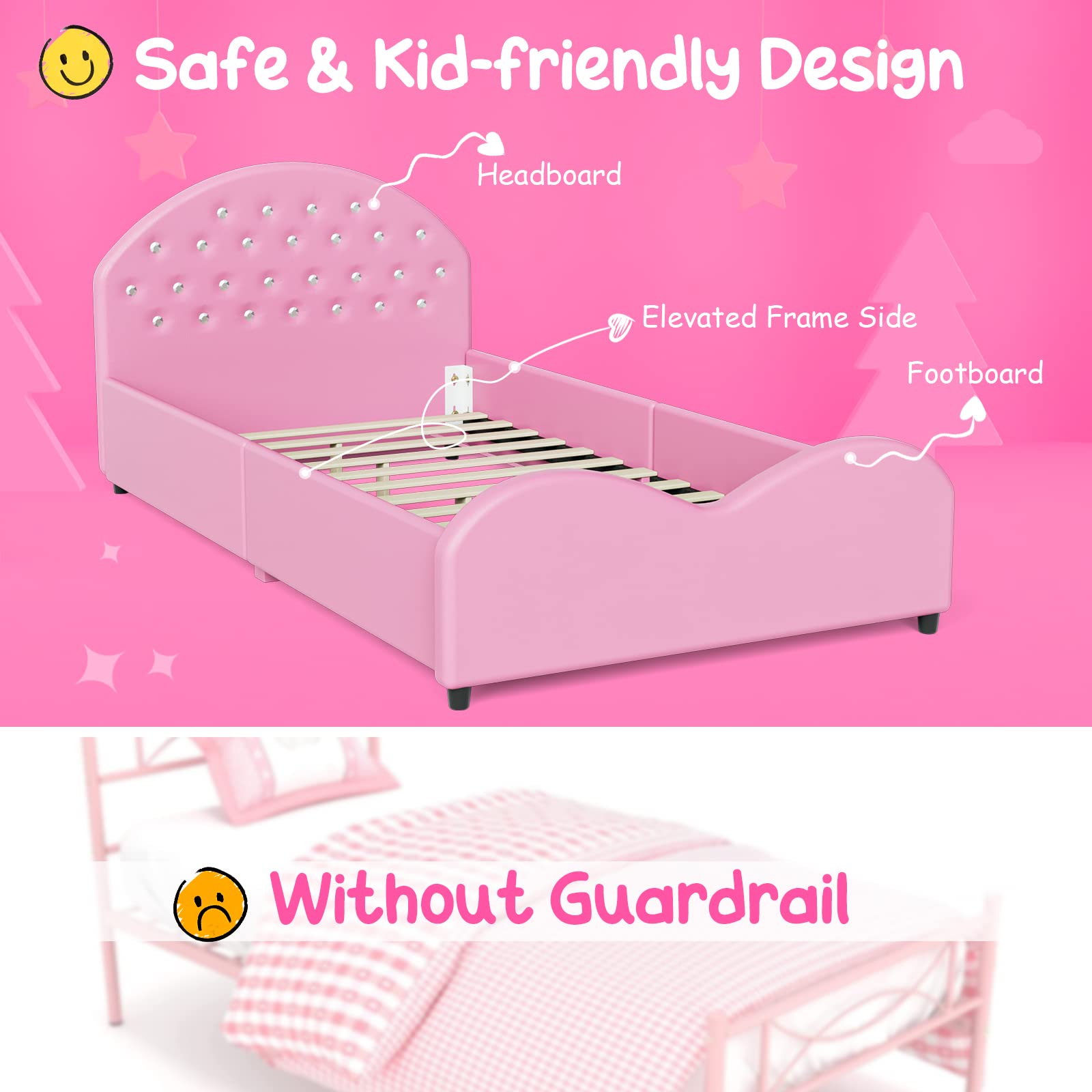 HONEY JOY Twin Bed Frame for Kids - Sturdy Wooden Platform Bed with Headboard & Slat Support, No Box Spring Required | Perfect for Boys & Girls Bedrooms | Fits Standard Twin Mattress (Pink) | Ideal for Toddler Rooms, Sleepovers & Kids' Bedroom Decor