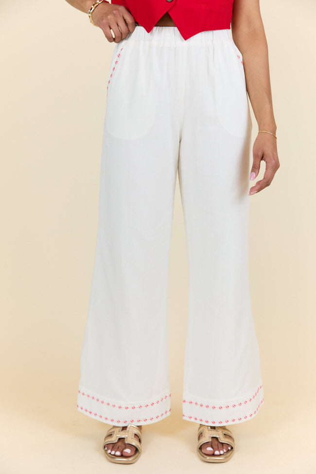 Just Feels Right Off-White Embroidered Pants for Women - High Waisted Comfort Stretch Fabric - Limited Time Final Sale | Perfect for Casual Outfits, Streetwear & Summer Fashion