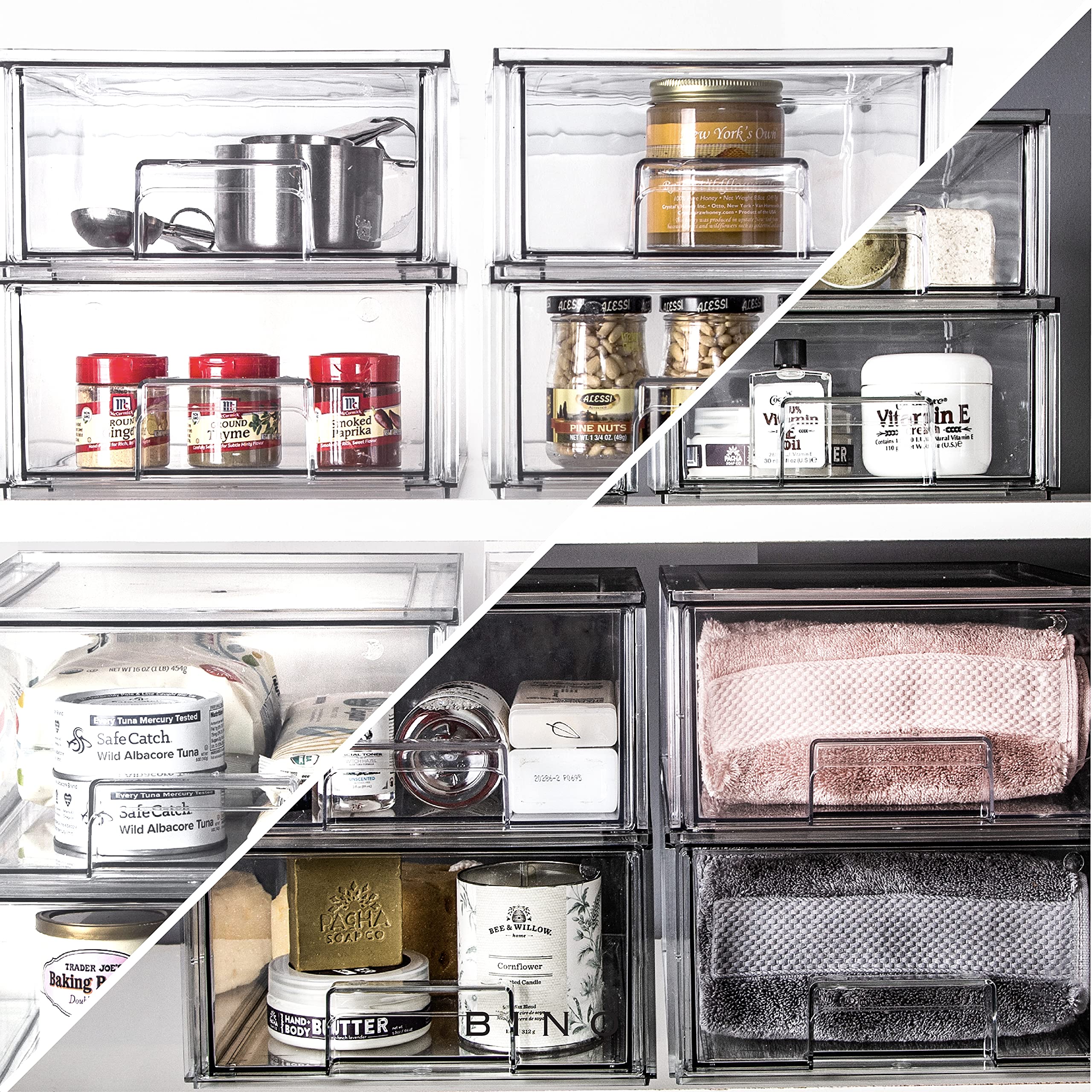 BINO Stackable Plastic Storage Drawers 6-Pack - BPA-Free Multi-Use Organizer Bins for Pantry, Fridge & Home Organization | Space-Saving Drawer System for Kitchen, Bathroom & Office Storage