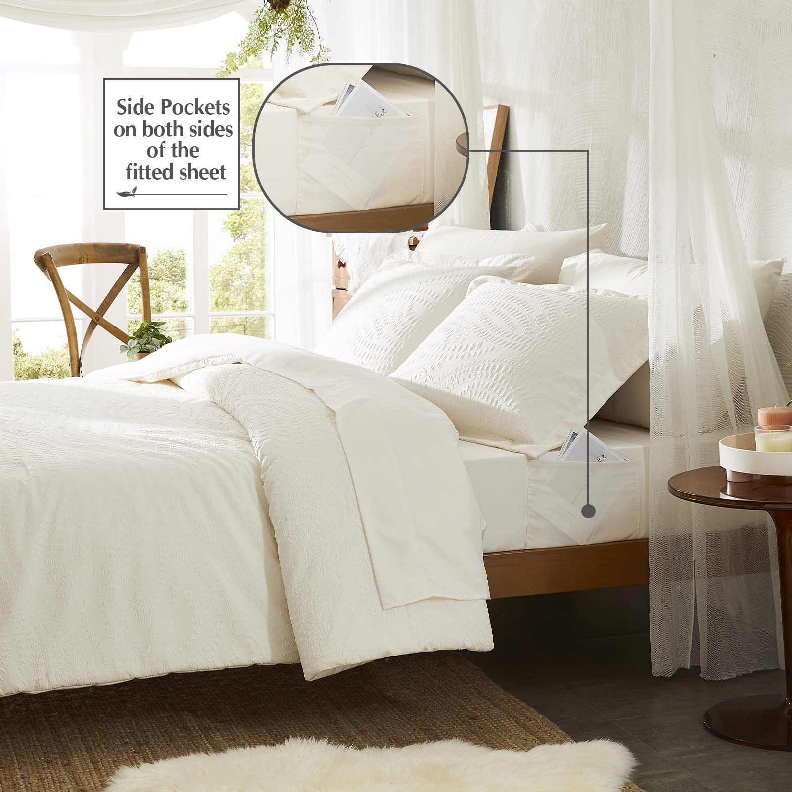 Geniospin Queen Comforter Set 7-Piece All Season Bedding - Ivory White Botanical Print Seersucker Duvet Cover, Sheets, Pillowcases & Shams (90x90 Inches) for Cozy Bedroom Decor & Guest Room Essentials
