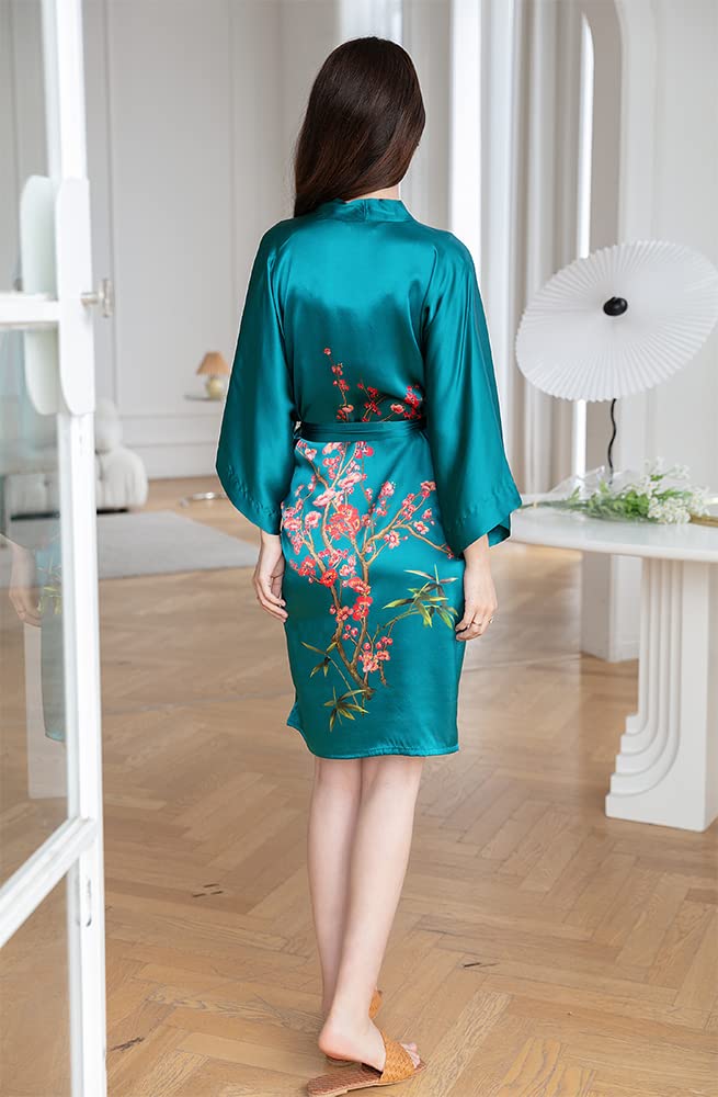 Women's 100% Pure Silk Kimono Robe - Short Sleeve Bathrobe & Loungewear Pajama Set for Spa, Bridal Shower, and Relaxation at Home
