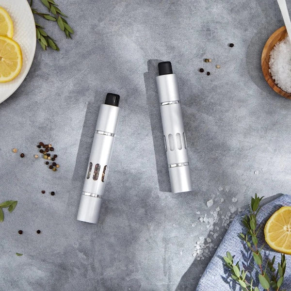 Premium Thumb Press Salt and Pepper Grinder Set - Adjustable Ceramic Spice Mill for Kitchen, Dining Table & Camping - Perfect for Home Cooking, BBQ, and Outdoor Adventures