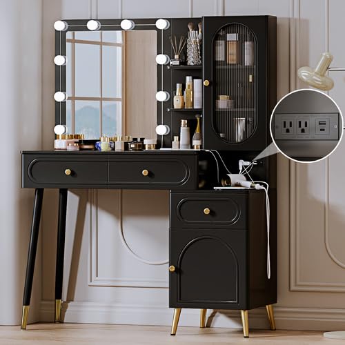 Modern Vanity Desk with Mirror & LED Lights - 3-Drawer Makeup Table with Power Outlet, High Capacity Storage - Perfect for Bedroom, Dressing Room & Home Office (Black)