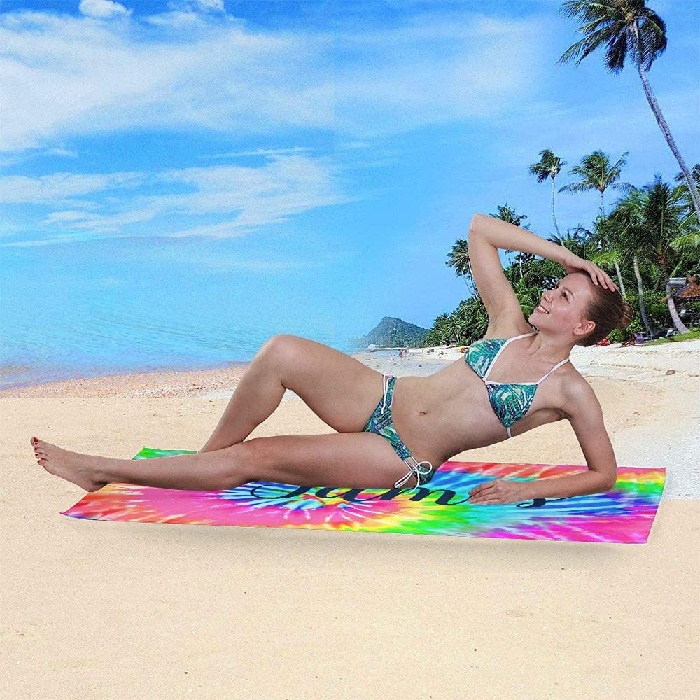 Custom Personalized Beach Towels with Name - Tie Dye Rainbow Quick Dry Absorbent Microfiber Sand Proof - 30x60 Inch for Kids, Girls, Boys & Adults - Perfect for Pool, Beach, Bath & Outdoor Activities