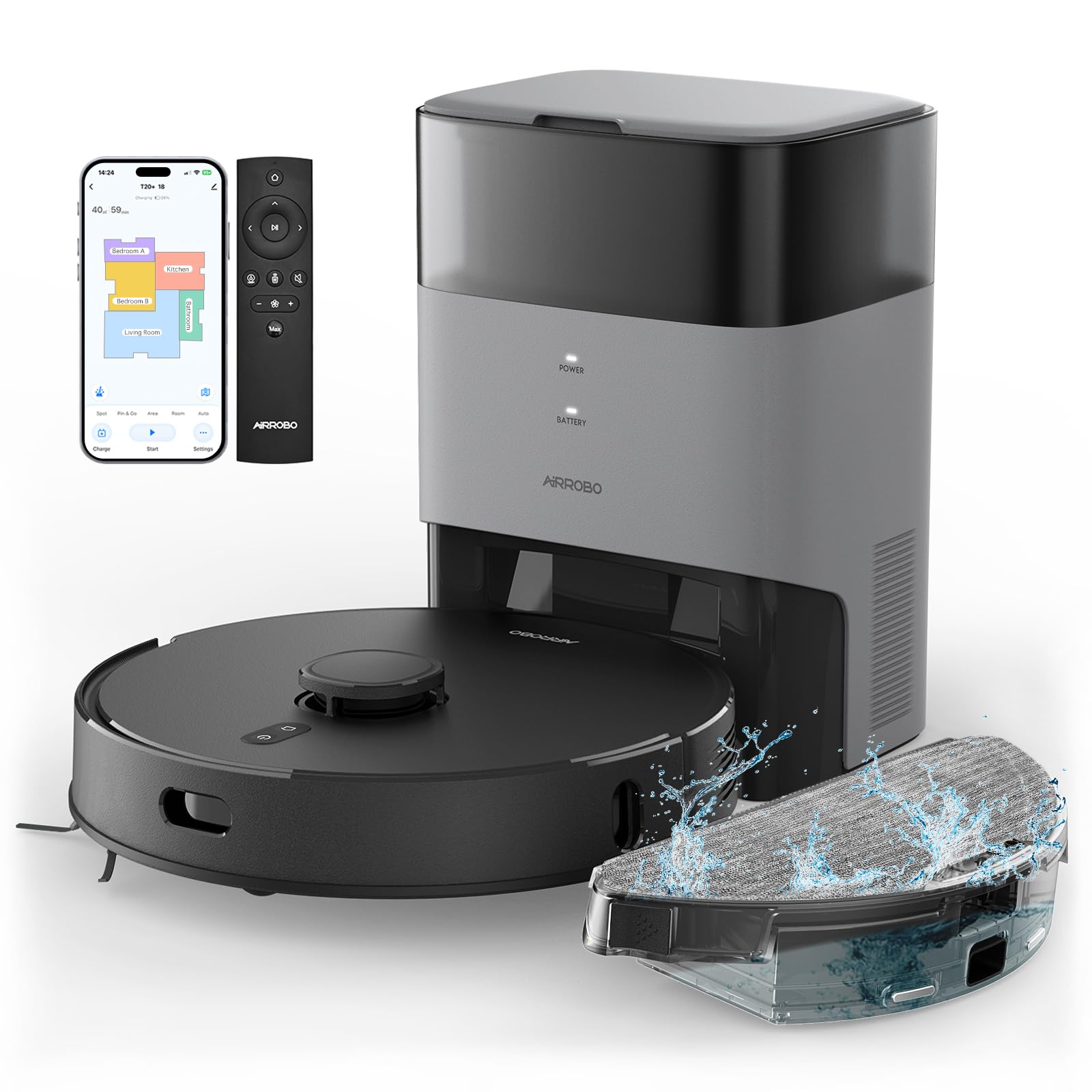 AIRROBO T20+ Robot Vacuum and Mop Combo with Self-Emptying Base | 60-Day Dustbin Capacity | Smart Mapping & Scheduling | Wi-Fi/App/Alexa Control | 180min Runtime | Ideal for Pet Hair, Hard Floors & Carpets | Perfect for Large Homes & Busy Families