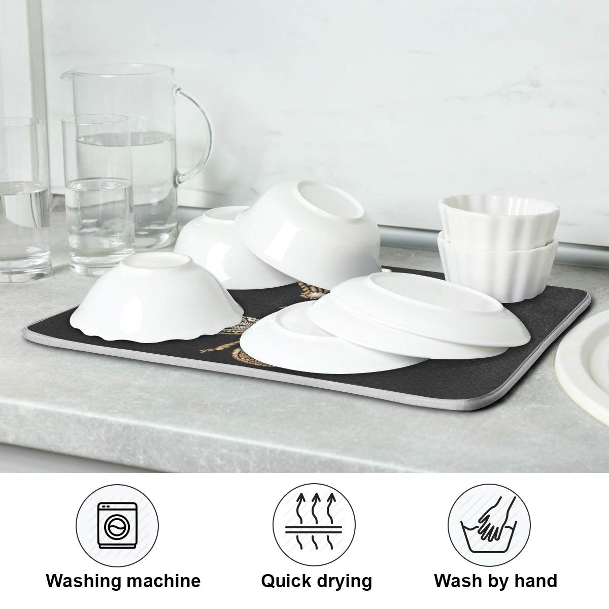 Susiyo Super Absorbent Microfiber Dish Drying Mat with Gold Bee & Crown Design - Heat-Resistant Kitchen Counter Mat (18x24 Inch) - Perfect for Drying Dishes, Protecting Countertops & Organizing Kitchen