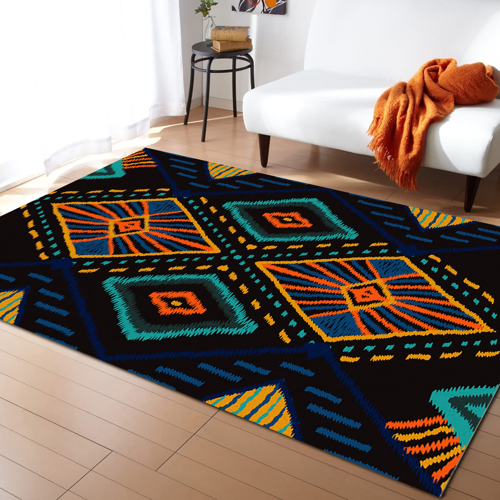 Boho Mosaic Ethnic Geometric Pattern Area Rug - Non-Slip Low Pile Indoor Carpet for Living Room, Bedroom, Entryway & Kitchen - Dark Colors 63x60 Inch Floor Mat for Home Decor & Cozy Spaces