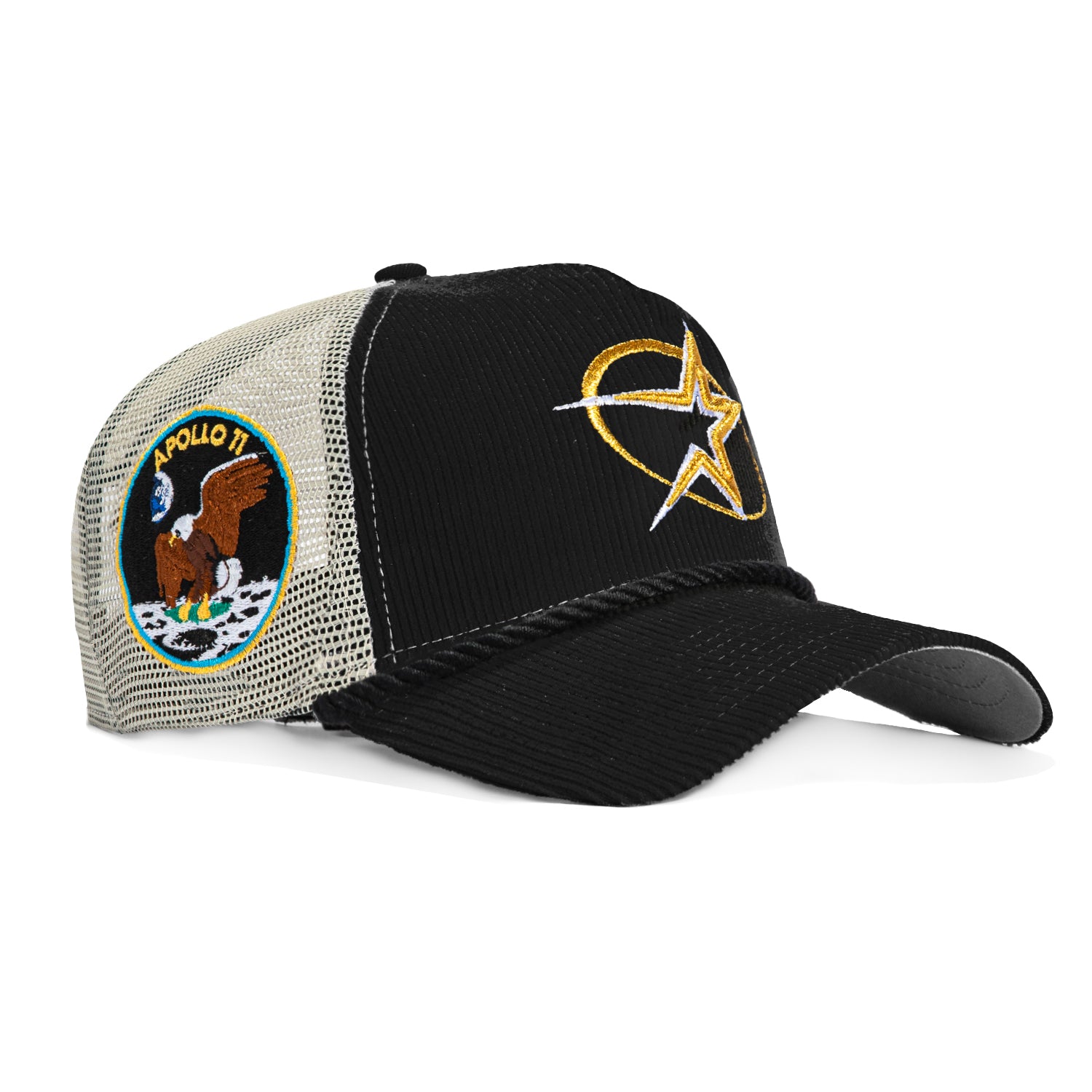 New Era 9Forty A-Frame Corduroy Rope Houston Astros Apollo 11 Patch Snapback Trucker BP Hat - Black & Stone | Vintage Baseball Cap for Men & Women | Perfect for Game Day, Casual Wear & Collectors