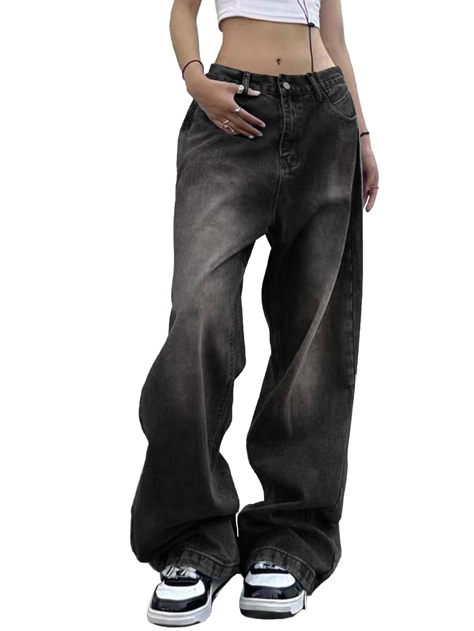 EMMIOL Women's 90s Baggy Jeans - Mid Waist Wide Leg Denim Pants for Casual Outfits