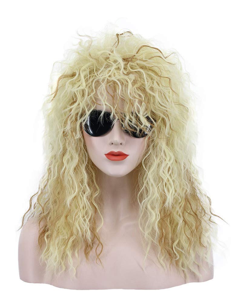 70s 80s Rocker Wig for Men & Women - Long Curly Blonde Party Costume Wig - Heavy Metal Halloween Cosplay Wig - Perfect for Concerts, Themed Parties & Anime Conventions