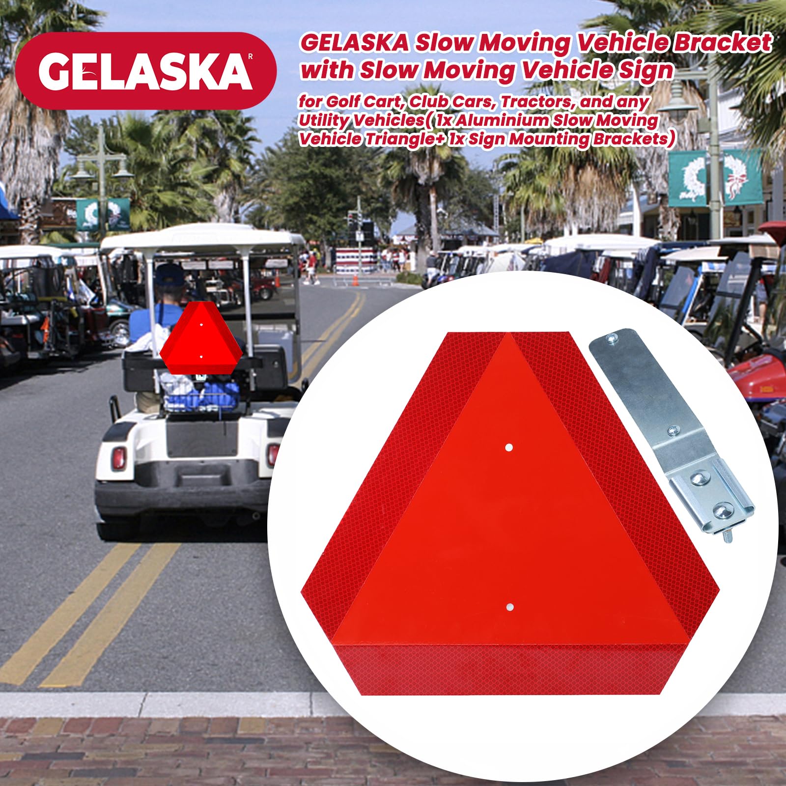 GELASKA Slow Moving Vehicle Sign with Mounting Brackets - Reflective Aluminum Triangle Safety Sign for Golf Carts, UTVs, Tractors & Horse Carriages - Includes 1 Sign, 1 Bracket, 4 Bolts & Nuts - Perfect for Farm Equipment, Road Safety & Low-Speed Vehicles