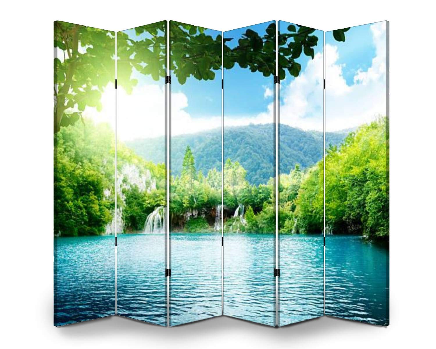 Wooden Folding Room Divider - 6 Panel Canvas Privacy Partition with Lake & Forest Design, Dual-Sided Indoor Wall Divider for Home Office, Bedroom, and Living Room Privacy