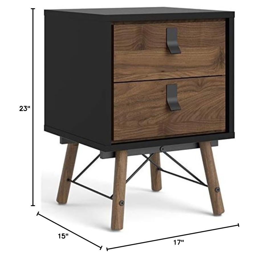 Tvilum Black Matte and Walnut 2-Drawer Nightstand - Modern Bedside Table for Bedroom, Living Room, or Guest Room Storage