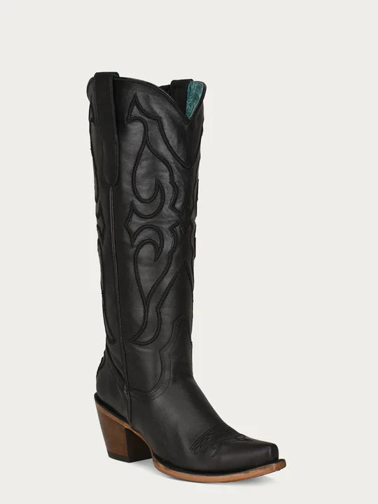 Z5075 Women's Black Embroidered Tall Top Snip Toe Cowboy Boots - Western Fashion for Rodeo, Country Dance & Casual Wear