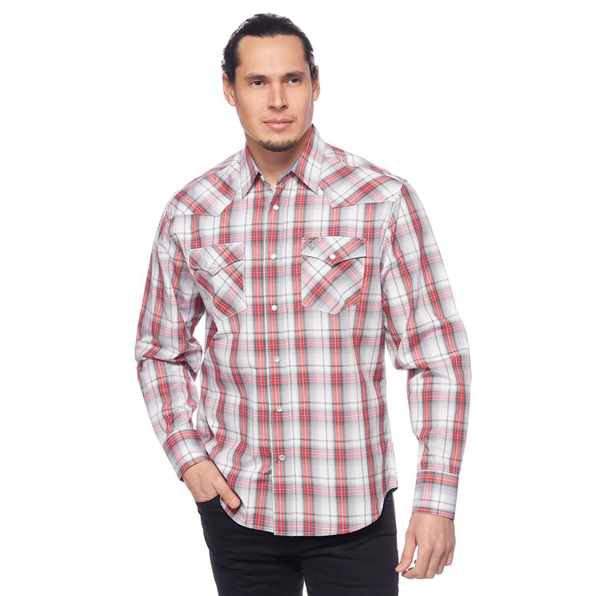 Avalon Men's Plaid Long Sleeve Shirt - Grey White Red Flannel Button Down for Casual Wear & Outdoor Activities