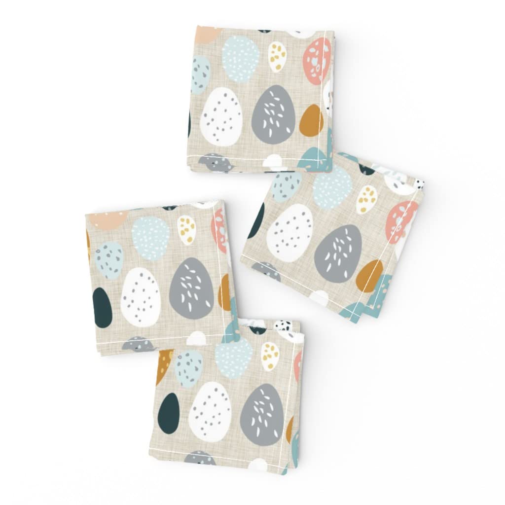 Spoonflower Linen Cotton Canvas Cocktail Napkins Set of 4 - Easter Egg Bird Mustard Duck Blue Print Fabric Napkins for Party, Wedding & Home Decor