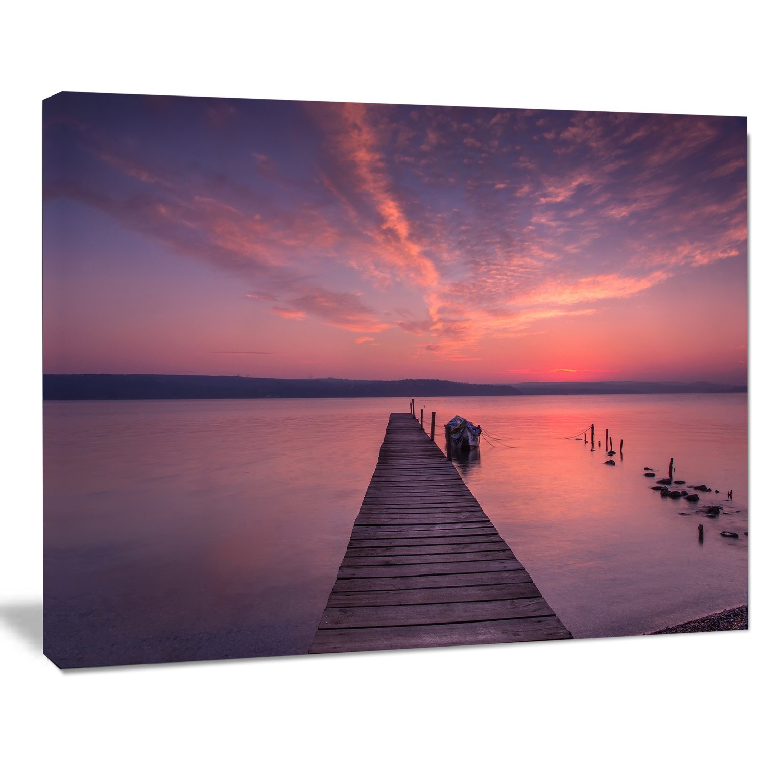Wooden Pier Under Red Sky Seascape Canvas Wall Art Print - Coastal Beach Decor for Living Room, Bedroom & Office
