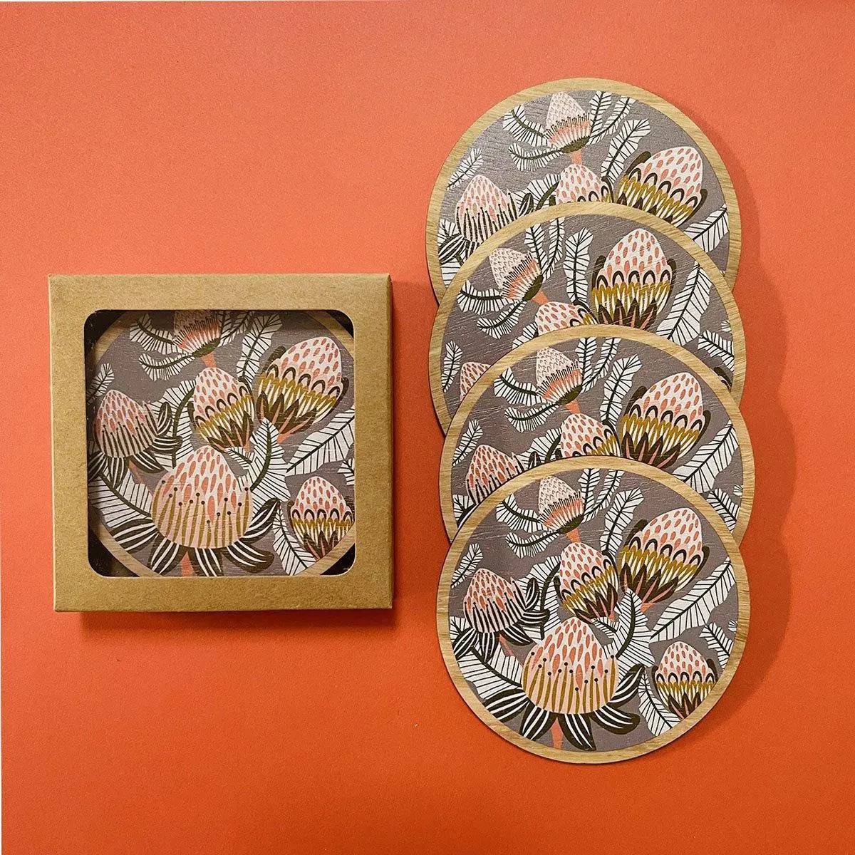 Bush Proteas Australian Wooden Coaster Set - 4-Piece Natural Wood Drink Coasters for Home & Bar Decor - Perfect for Protecting Tables from Hot & Cold Beverages