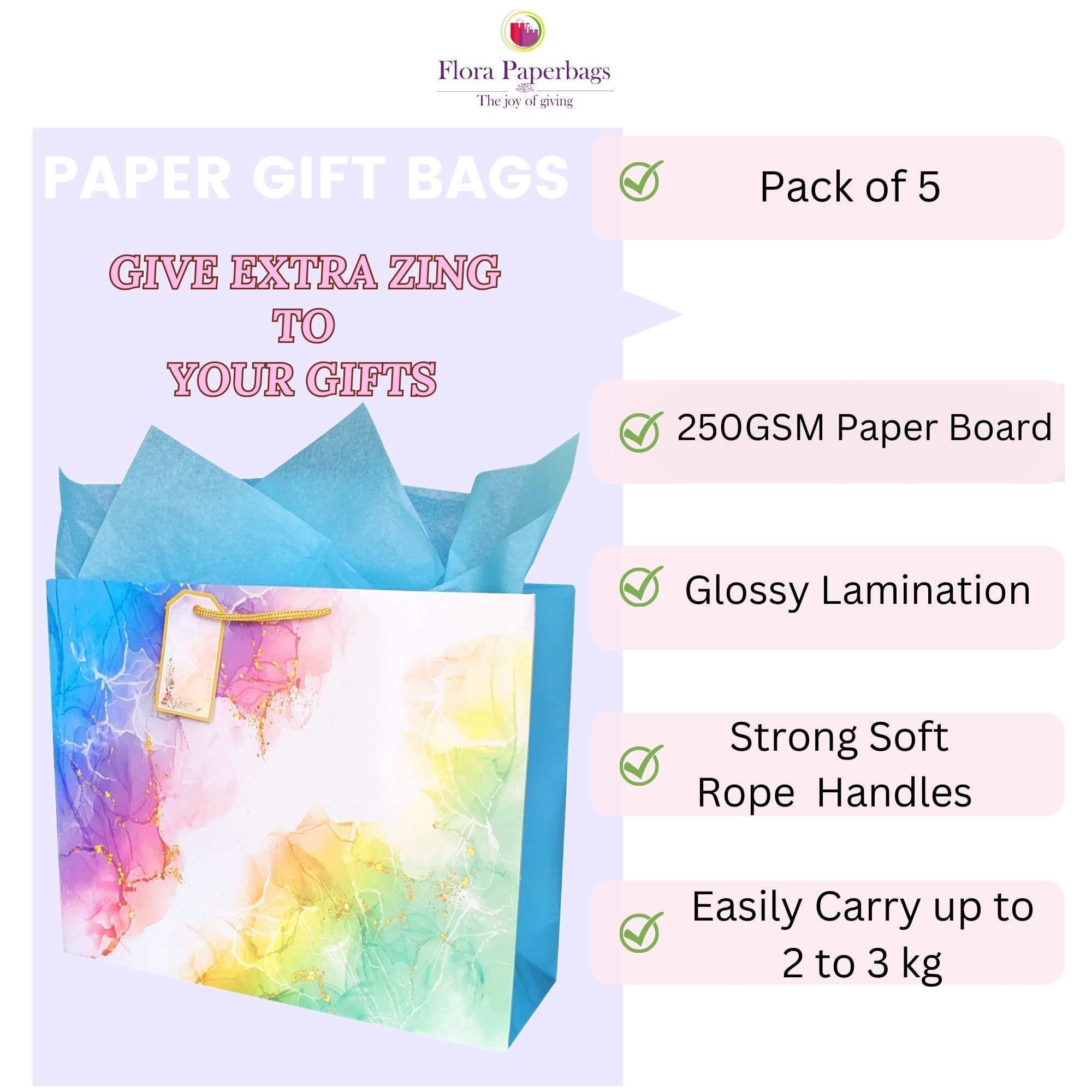 Premium Large Paper Gift Bags with Tissue & Thank You Card - 12x15x5 inches (Pack of 5) - Elegant Wedding, Birthday & Party Favor Bags for Return Gifts, Goodie Bags & Special Occasions