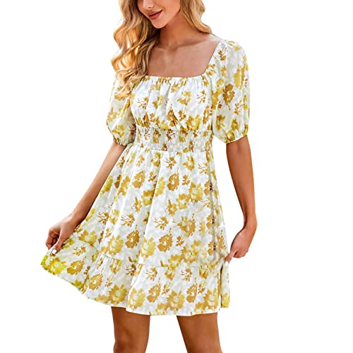 2023 Women's Summer Boho Floral Print Square Neck A-Line Mini Dress - Short Sleeve Beach & Party Dress (Yellow, Size S) | Perfect for Vacations, Weddings & Outdoor Events